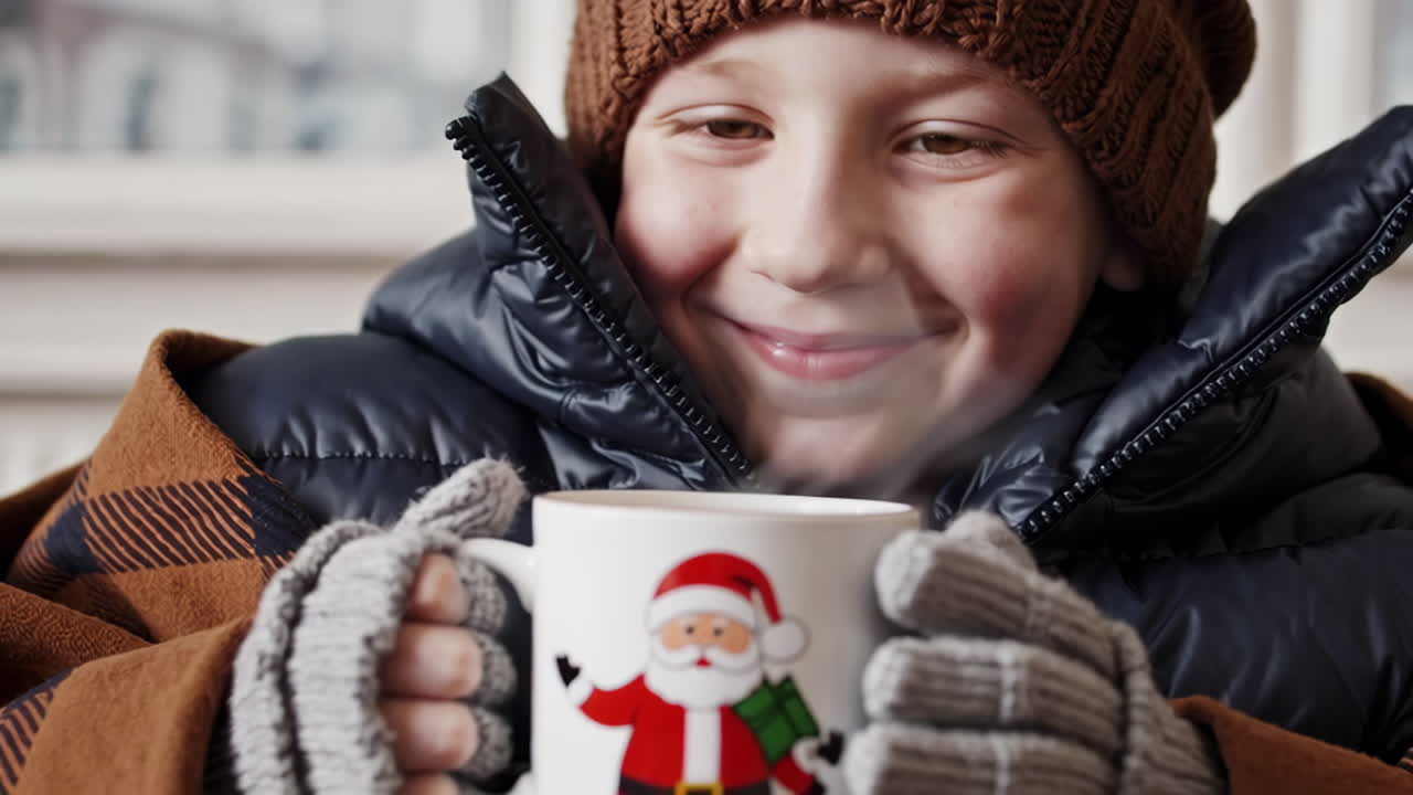 Boy Enjoying a Hot Drink in Winter with a Santa Claus Mug