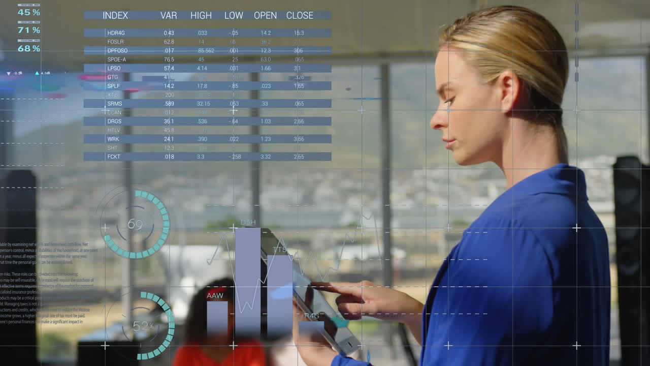 animación del procesamiento de datos estadísticos sobre una mujer de negocios caucásica que usa una tableta digital en la oficina