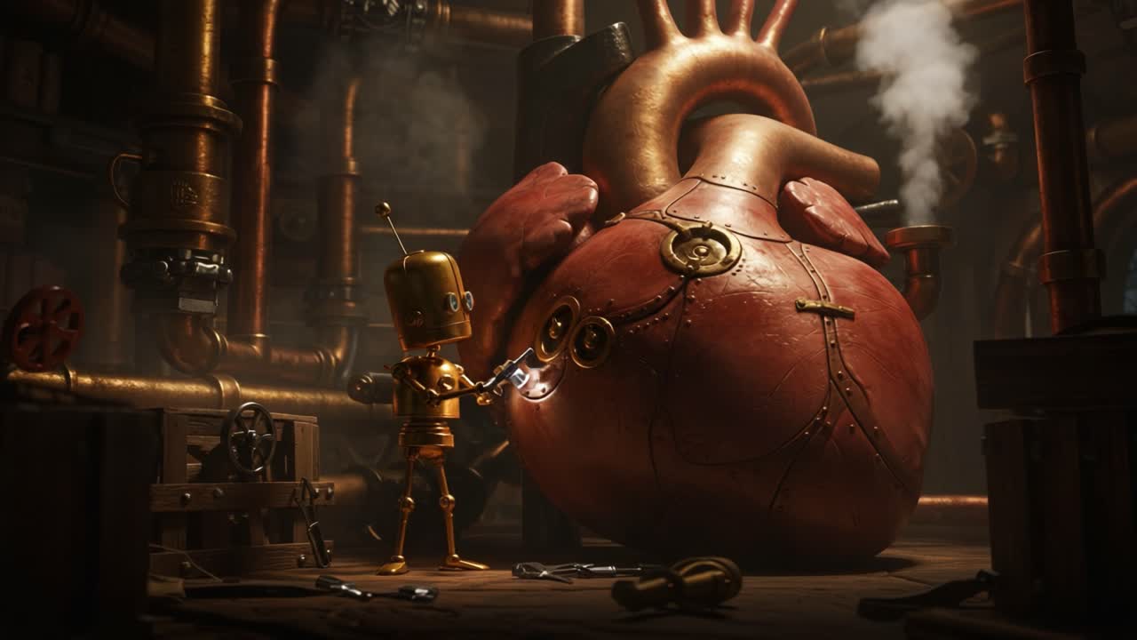 A Steampunk Robot Tinkers with a Giant Mechanical Heart in an Intricate Industrial Workshop, Blending Elements of Fantasy and Engineering in a Captivating Scene