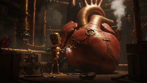 a steampunk robot tinkers with a giant mechanical heart in an intricate industrial workshop, blending elements of fantasy and engineering in a captivating scene