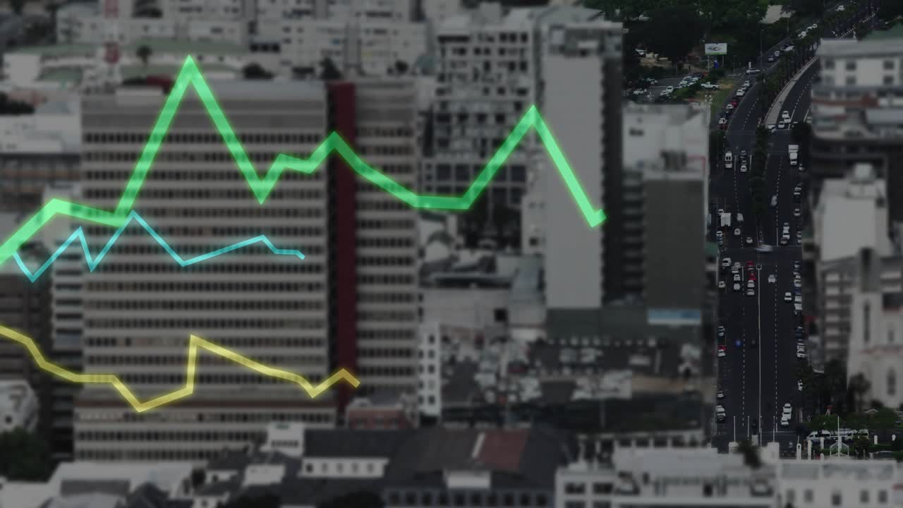 Neon graphs emerging from left, rising, falling, crossing facades, settling showing market trends