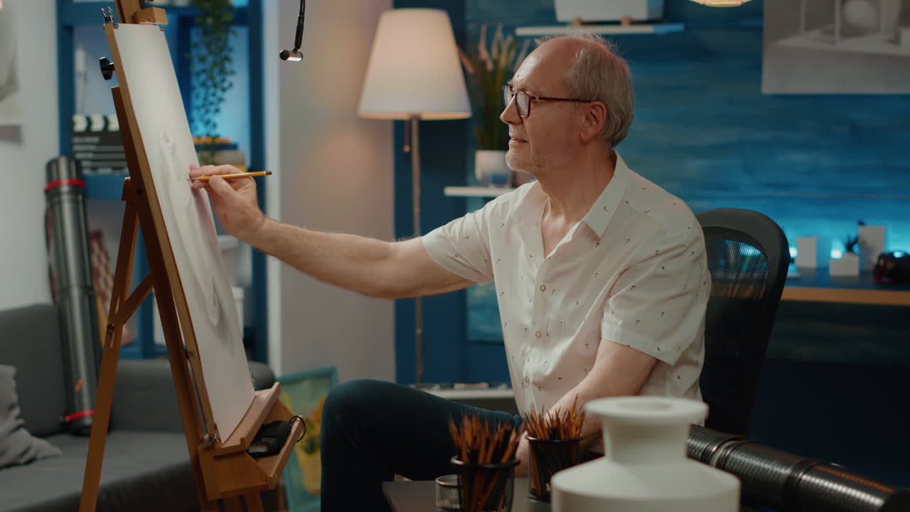 Senior artist drawing professional artwork with vase model