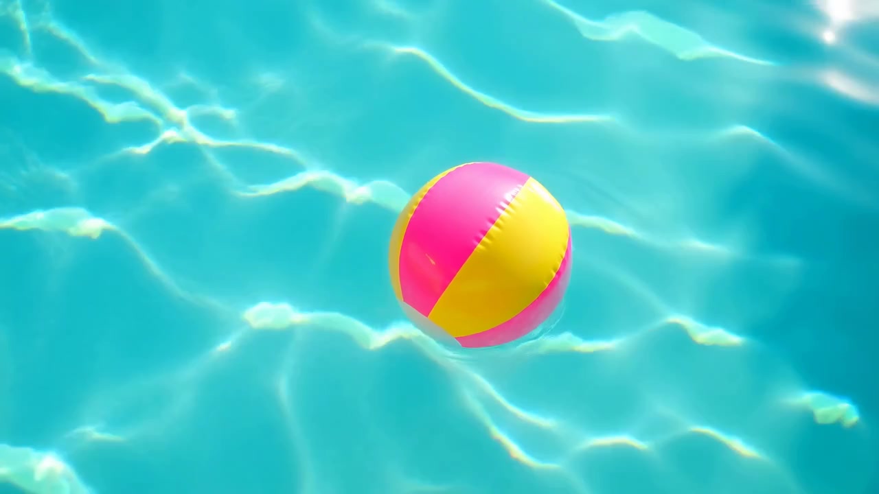 Närbild av en ljusrosa och gul uppblåsbar badboll delvis beskuren i den nedre högra förgrunden, som flyter på en solbelyst turkos pool. Skimrande.