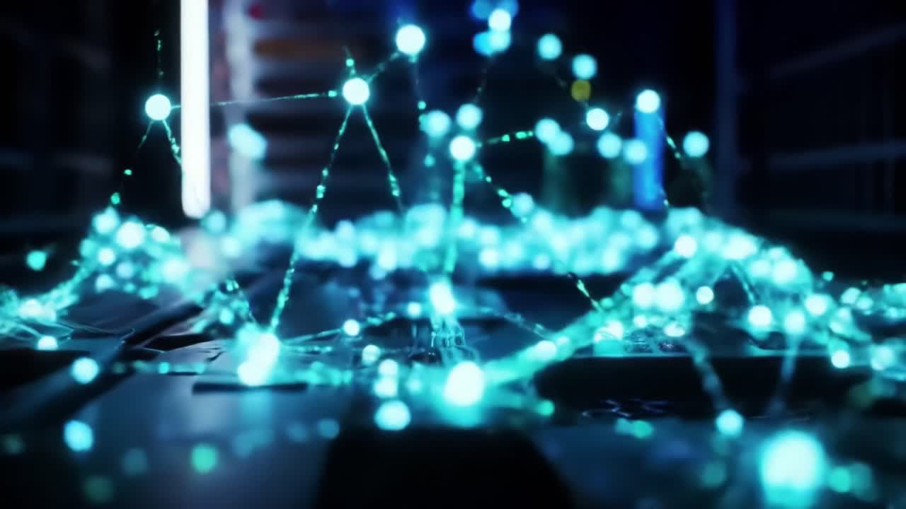 Bright blue and green lights swirl and connect in a modern data center, showcasing the intricate network of data transmission and connectivity in action during a typical workday.