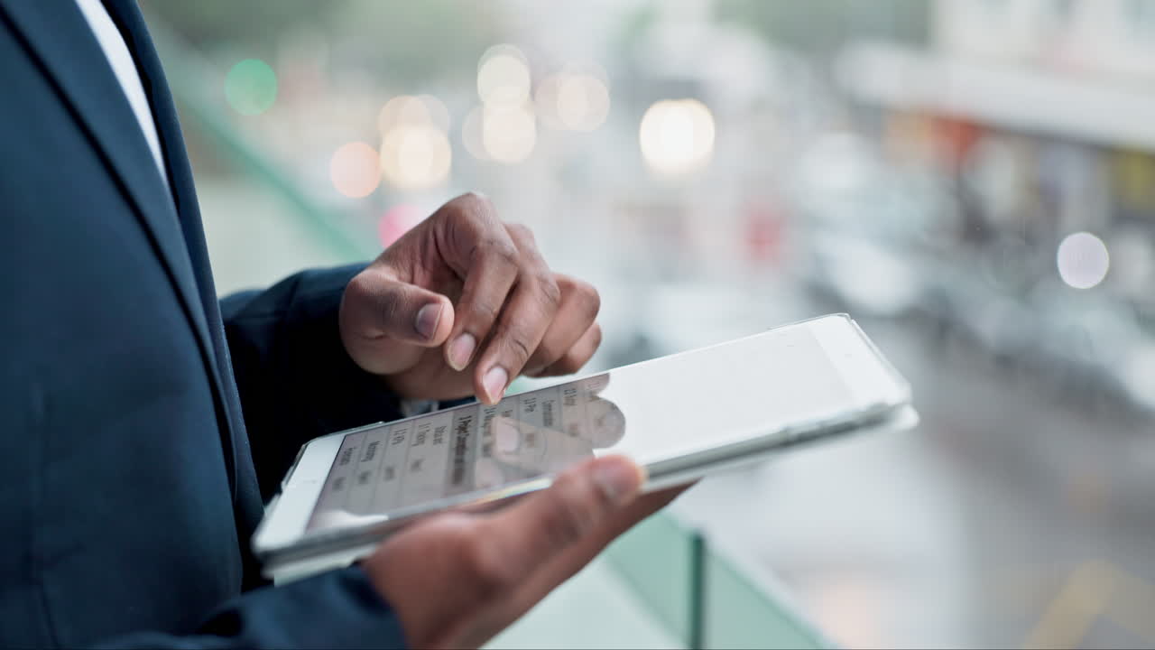 Tablet, balcony and hands of person scroll