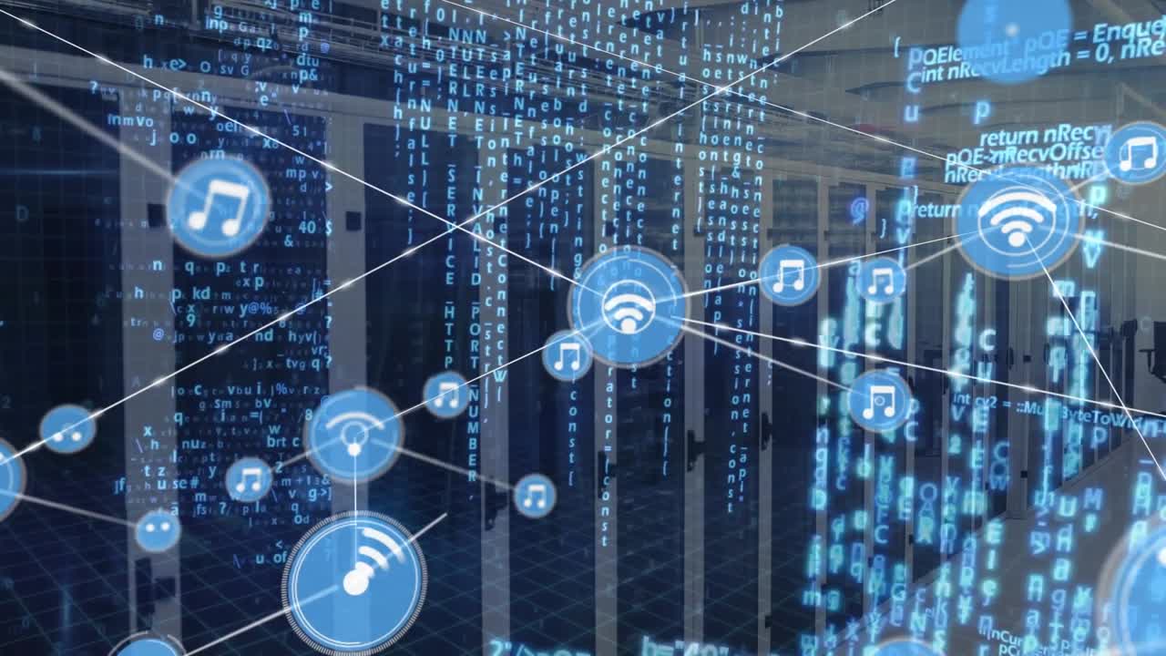 Animation of network of connections with icons over servers