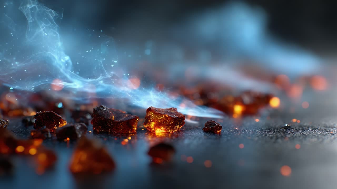 Frammenti ambrati luminosi circondati da fumo etereo, che catturano l'essenza di un incantevole momento transitorio nel tempo
