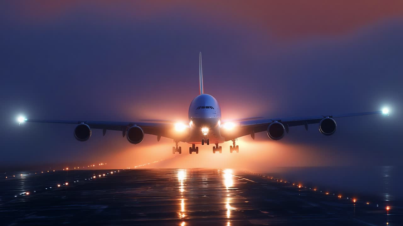 Majestic Aircraft Prepares for Takeoff in Foggy Atmosphere, Illuminated by Runway Lights, Showcasing Power and Grace at Dawn, Capturing the Essence of Aviation Excellence