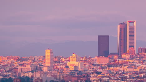 madrid skyline south view during sunset timelapse day to night