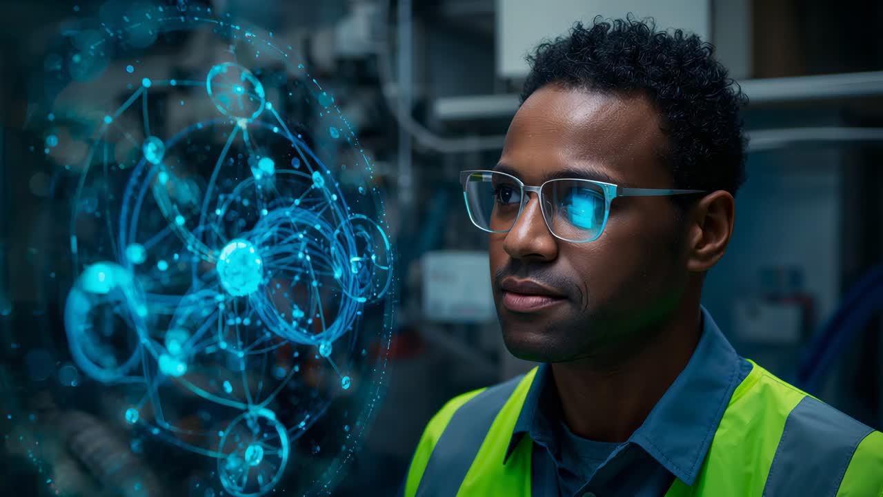 Observing technician in vest, glasses tracking hologram appearing, checking systems in control area