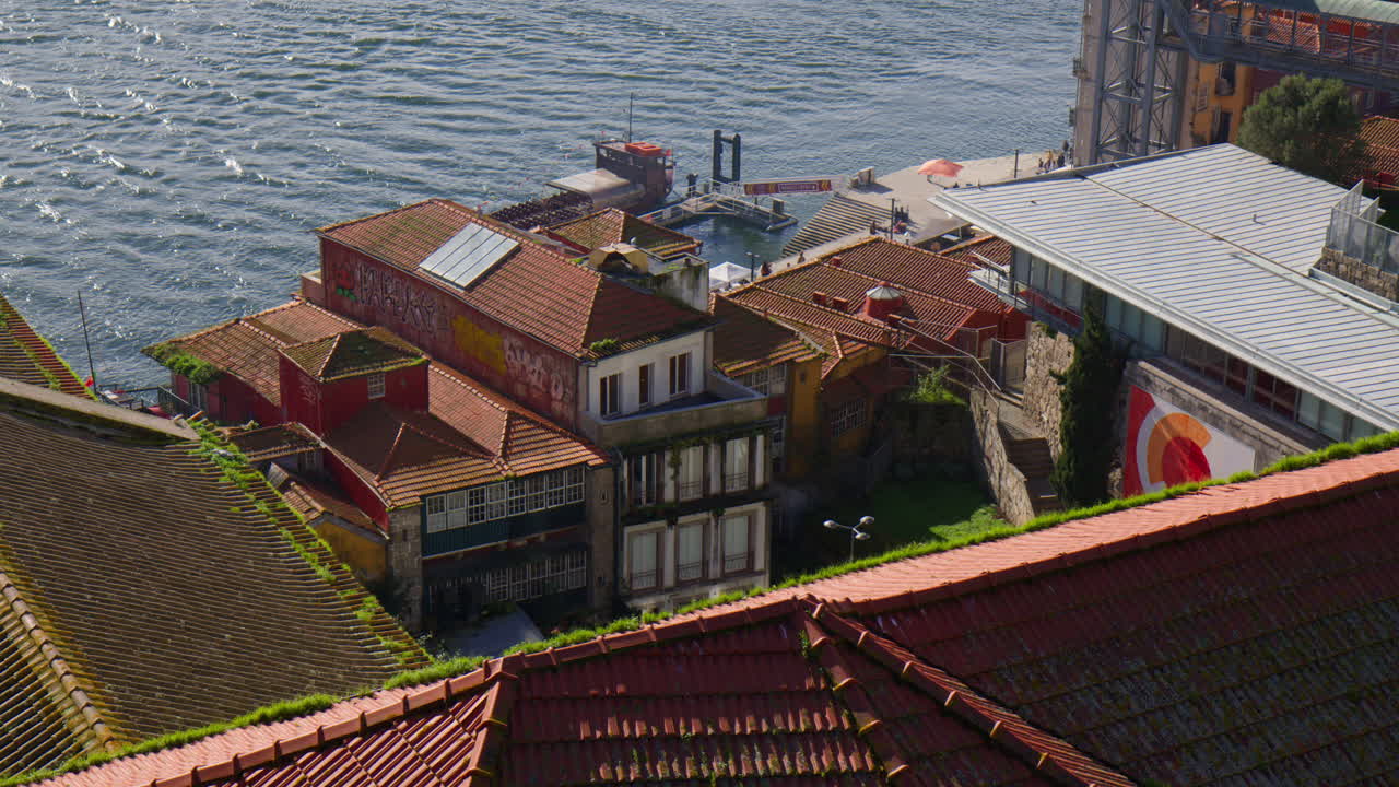 Riverfront Buildings At Cais Da Ribeira On Douro River In Porto, Portugal. high angle shot