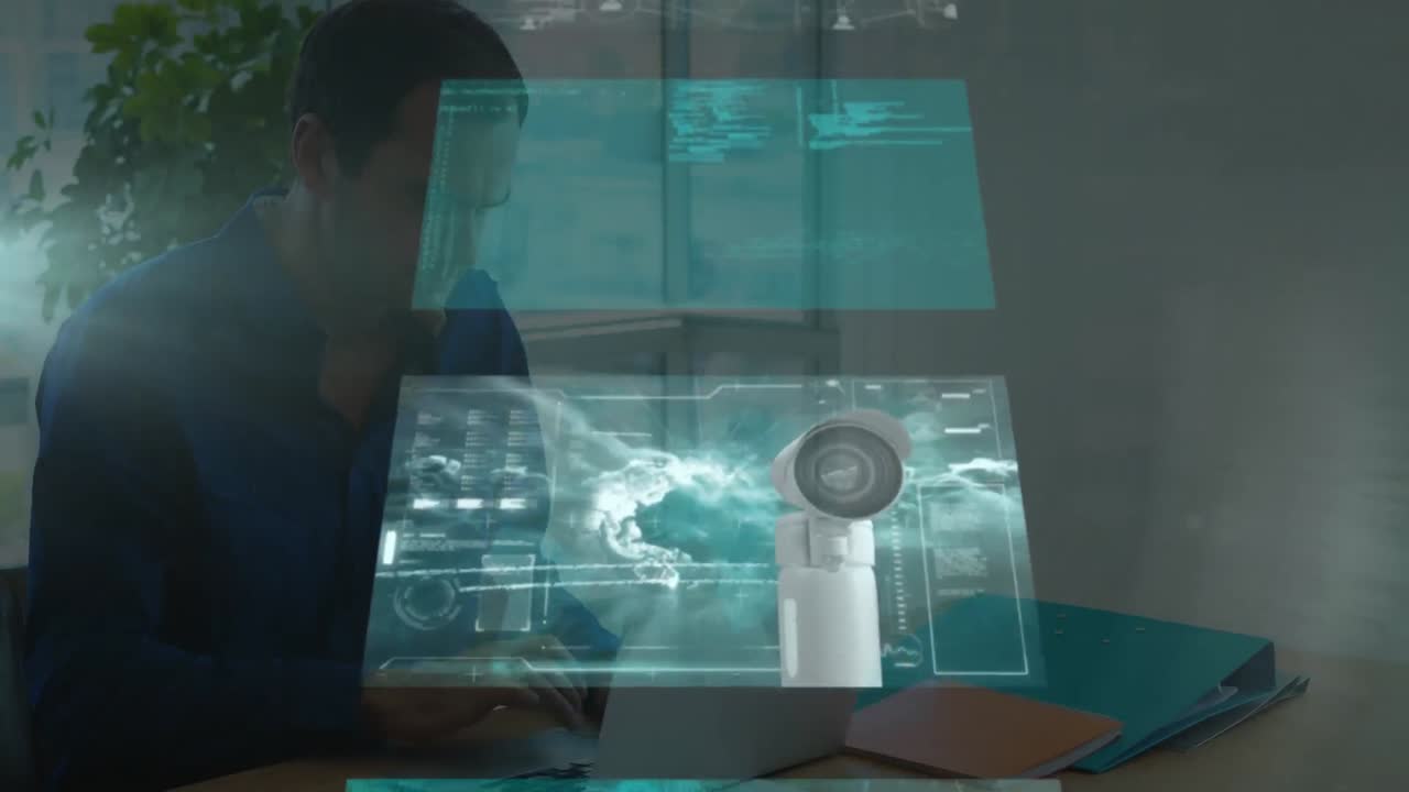 Animation of financial data processing on screens over caucasian businessman in office