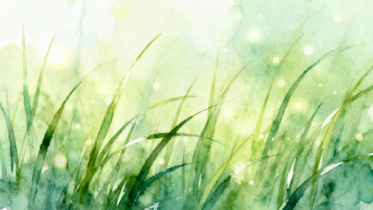 Brisa suave movendo folhas de grama, balançando e cintilando em campo estilo aquarela, com base mais escura e pontos ensolarados.