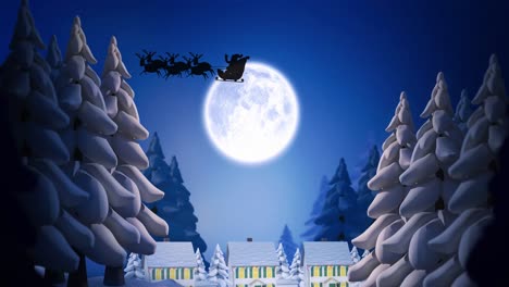 Animation-of-santa-claus-in-sleigh-with-reindeer-over-moon-and-sky