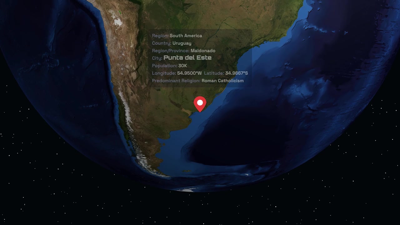 Digital globe rotates and zooms into South America, highlighting Punta del Este with geographic information
