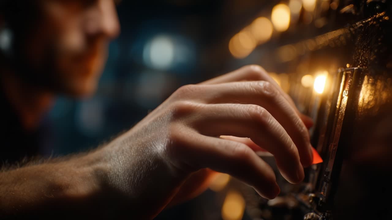 Close-up tangan yang menyesuaikan kontrol pada panel klasik. Panel ini diterangi cahaya lembut, menciptakan suasana yang fokus dan menarik untuk pengoperasian.