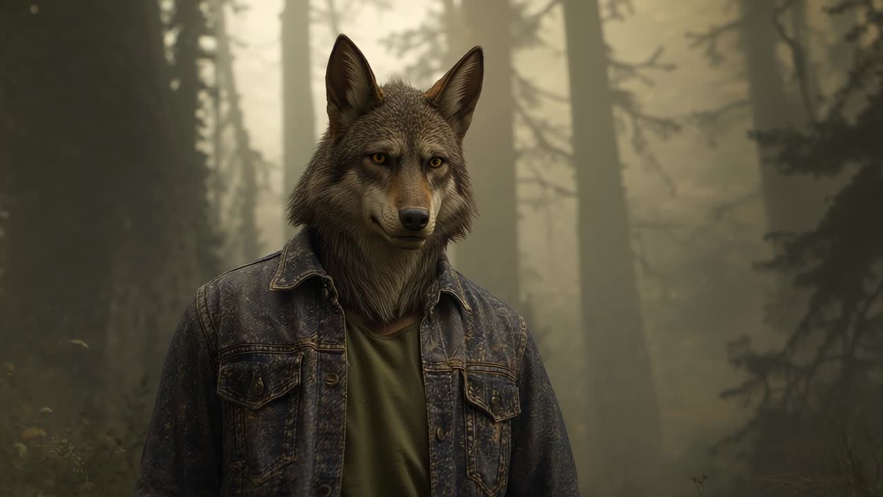 Tilting slightly humanoid wolf in woods as morning light filters through fog, wearing denim jacket
