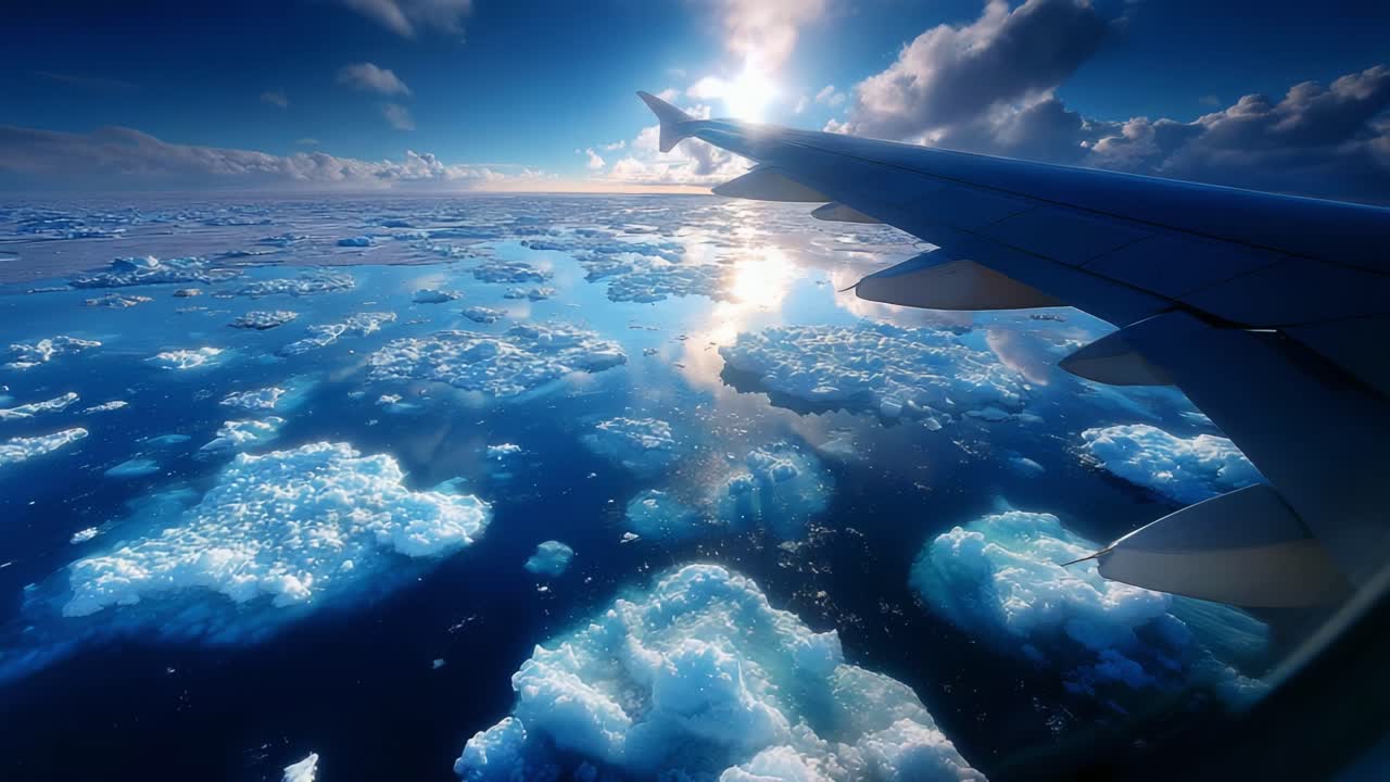 Majestic Aerial View Over Ice-Covered Waters: A Glimpse into the Beauty of Frozen Landscapes from an Airplane Wing Beneath a Stunning Blue Sky with Fluffy Clouds