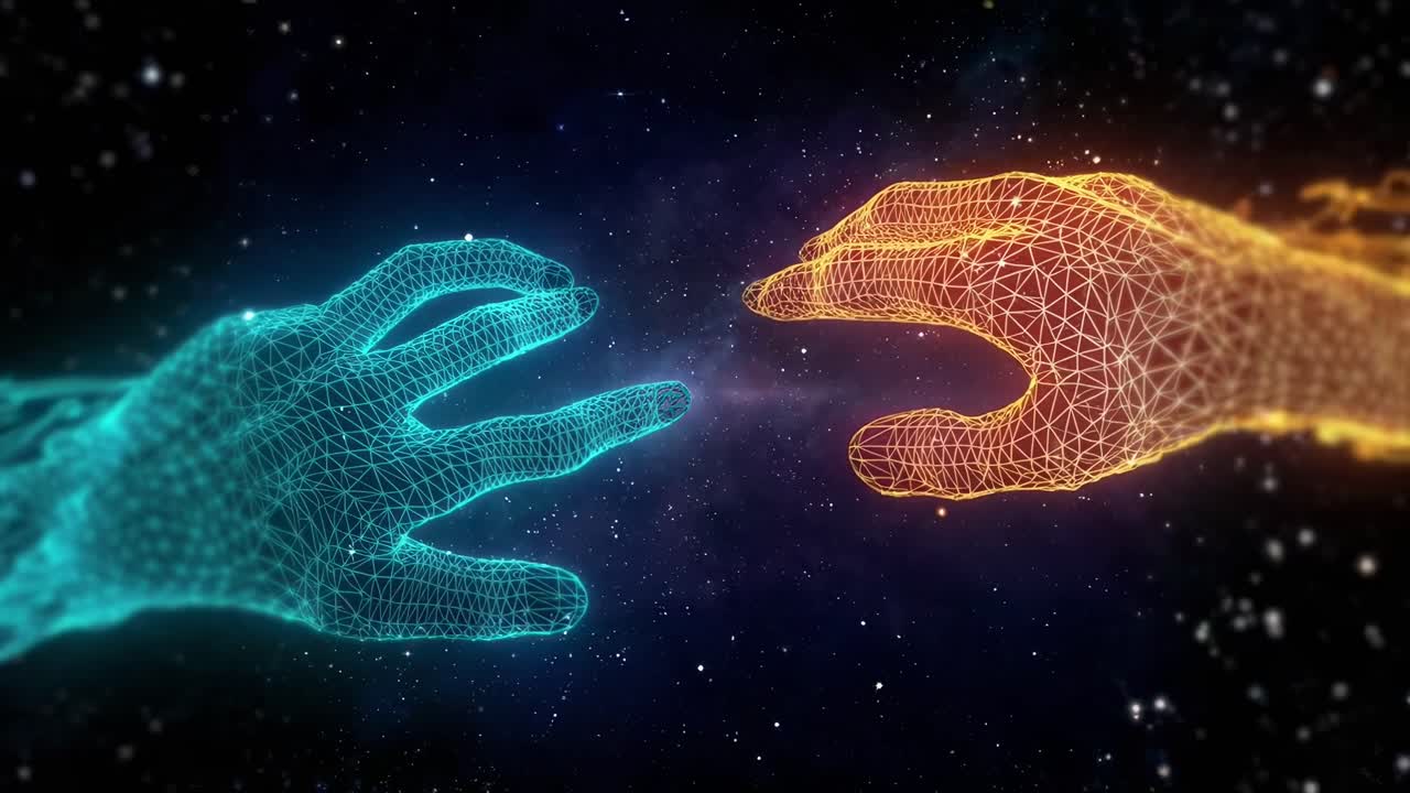 Digital hands reaching out in space, low-angle view. Futuristic video concept with neon wireframe
