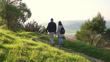 Toma-En-Cámara-Lenta-De-Un-Hombre-Y-Una-Mujer-Caminando-En-Una-Naturaleza-Verde-Pacífica