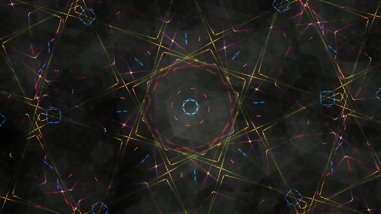caleidoscopio geométrico con rayos de luz arco iris y telón de fondo oscuro - animación de fondo de movimiento de bucle sin costuras de 4k