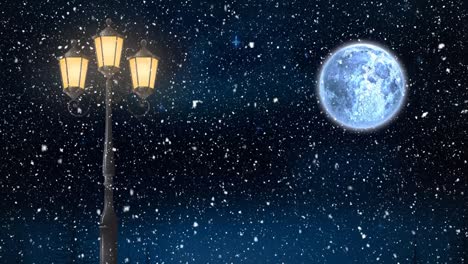 animación de nieve cayendo sobre la lámpara de la calle y la luna en navidad