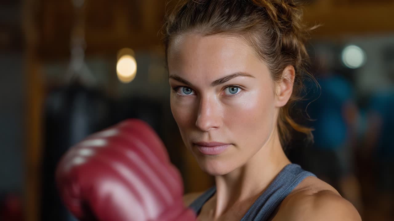Determined Boxer Engages in Intense Training Session While Showcasing Skill, Focus, and Athleticism Through Powerful Stance and Intense Gaze in Gym Environment