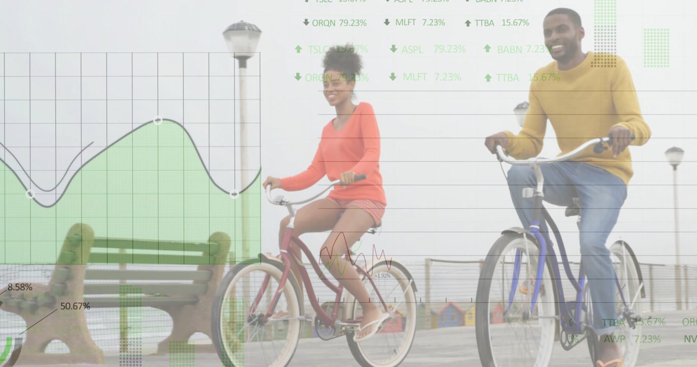 Couple cycling boardwalk while grid overlay morphing into finance charts showing trends