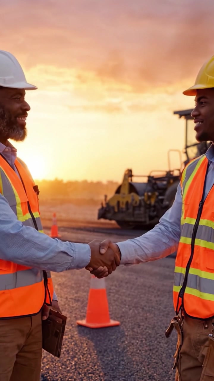 Two construction workers wearing safety vests and hard hats converse at a worksite during sunrise, showcasing the importance of teamwork and safety in infrastructure projects.