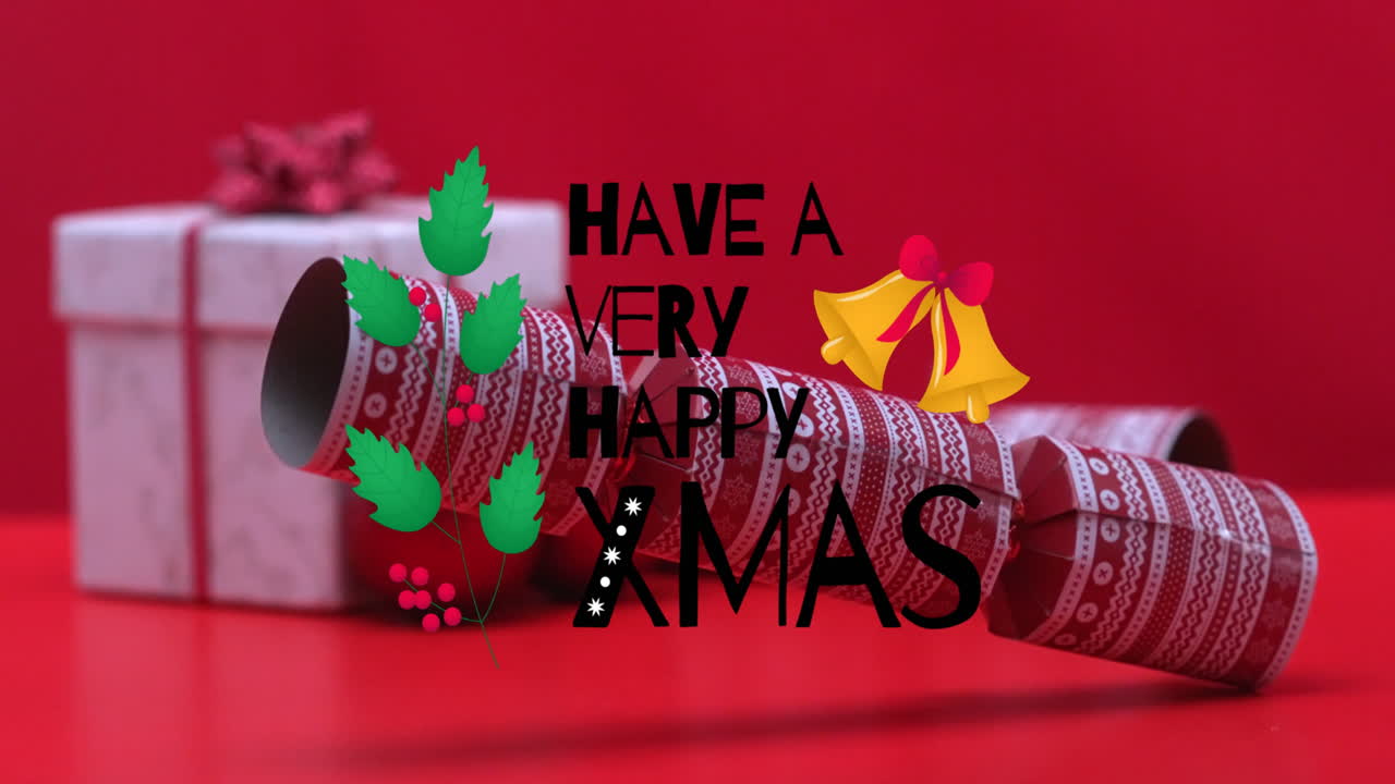 animación de banner de texto de feliz navidad sobre popper de fiesta y regalos contra fondo rojo.