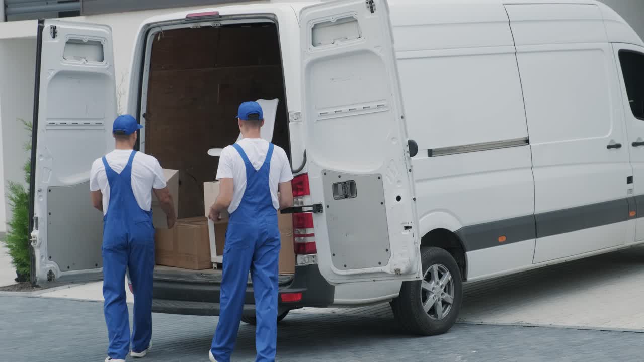 dos jóvenes trabajadores de una compañía de mudanzas están cargando cajas y muebles en un minibus
