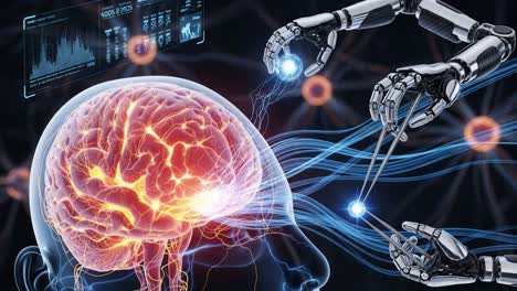 exploring the intersection of technology and mind: a futuristic visualization of robotic arms interacting with a human brain, representing artificial intelligence and neurology