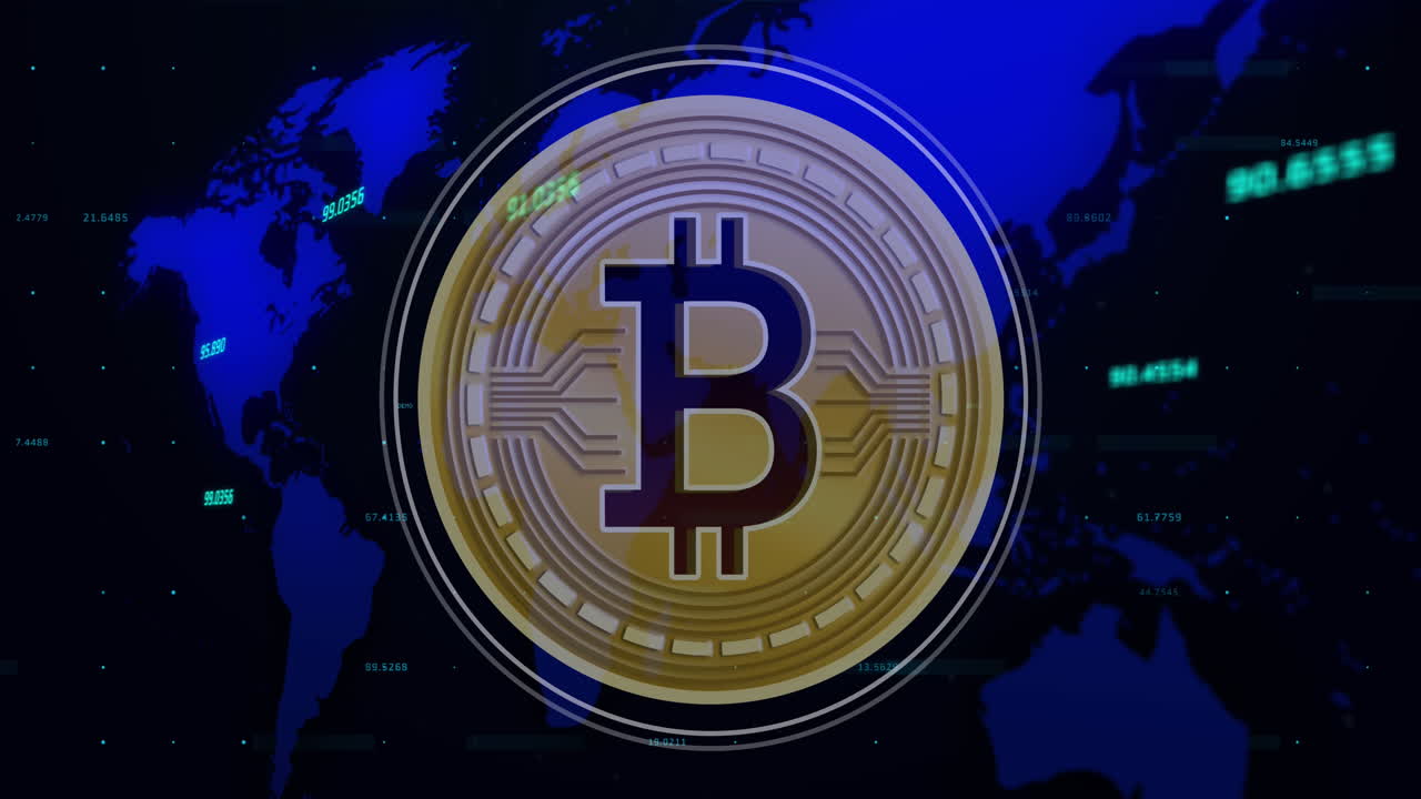 animación del símbolo de bitcoin en el mapa del mundo