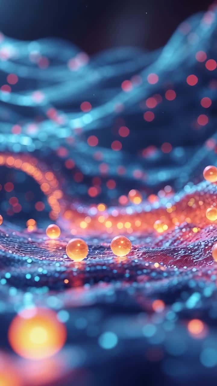 Vertical video: Animation starting glowing orange spheres rolling on undulating mesh, dots rising