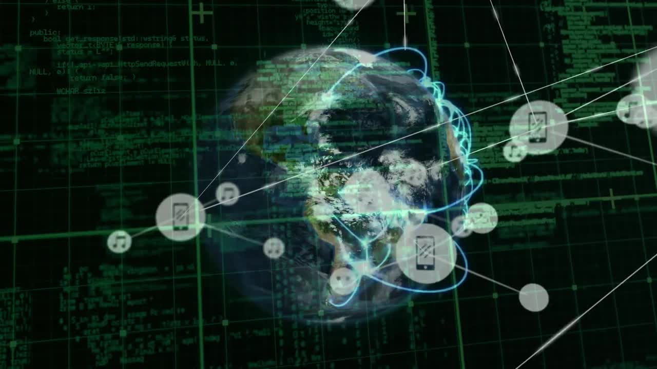 animación de la red de conexiones con iconos sobre el globo y la cuadrícula