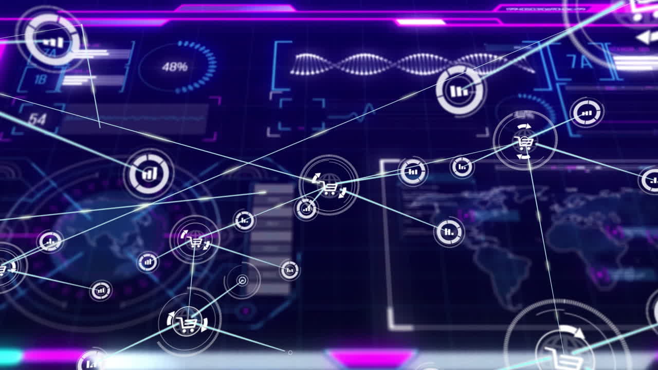 Digital network connections and data processing animation over futuristic interface