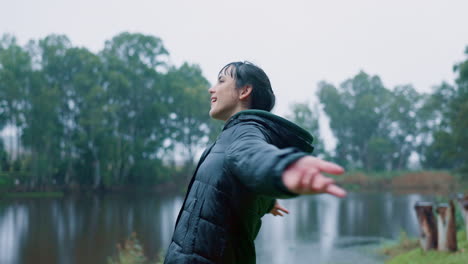 rain, woman and hiking, stretching arms on morning