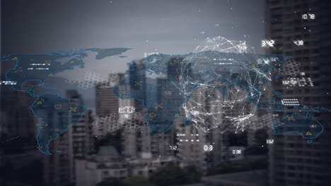 animación de formas y paisajes urbanos sobre mapas del mundo y procesamiento de datos