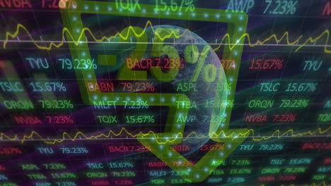 animación del signo de flecha de venta del 25 por ciento y procesamiento de datos financieros en todo el mundo