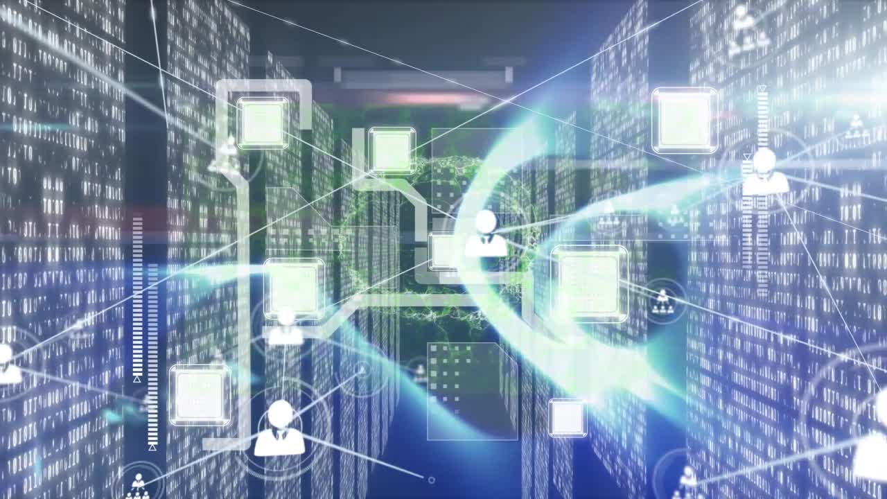 Animation of network of connections with icons over computer servers