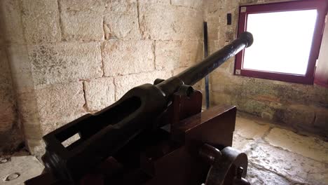 Close-Up-Of-Ancient-Cannon-Facing-Outwards-In-Belem-Tower,-Lisbon,-Portugal