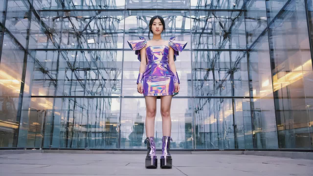 Woman in Purple Dress in Front of Modern Building