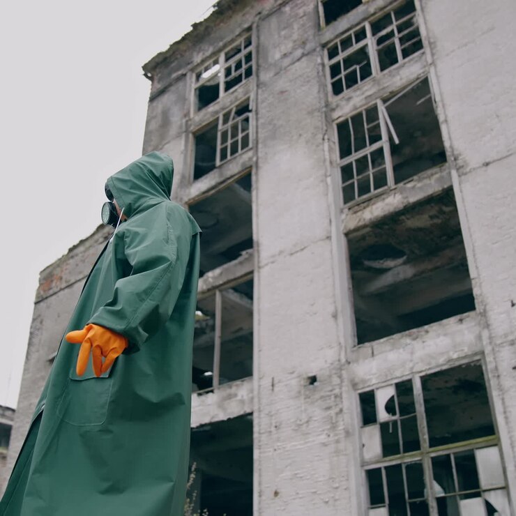 Tecnico di laboratorio con mascherina e tuta protettiva per sostanze chimiche che cammina su terreno arido e si guarda intorno pensando all'inquinamento. Concetto di catastrofe ecologica