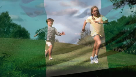 animation of flag of nigeria over caucasian siblings running in park