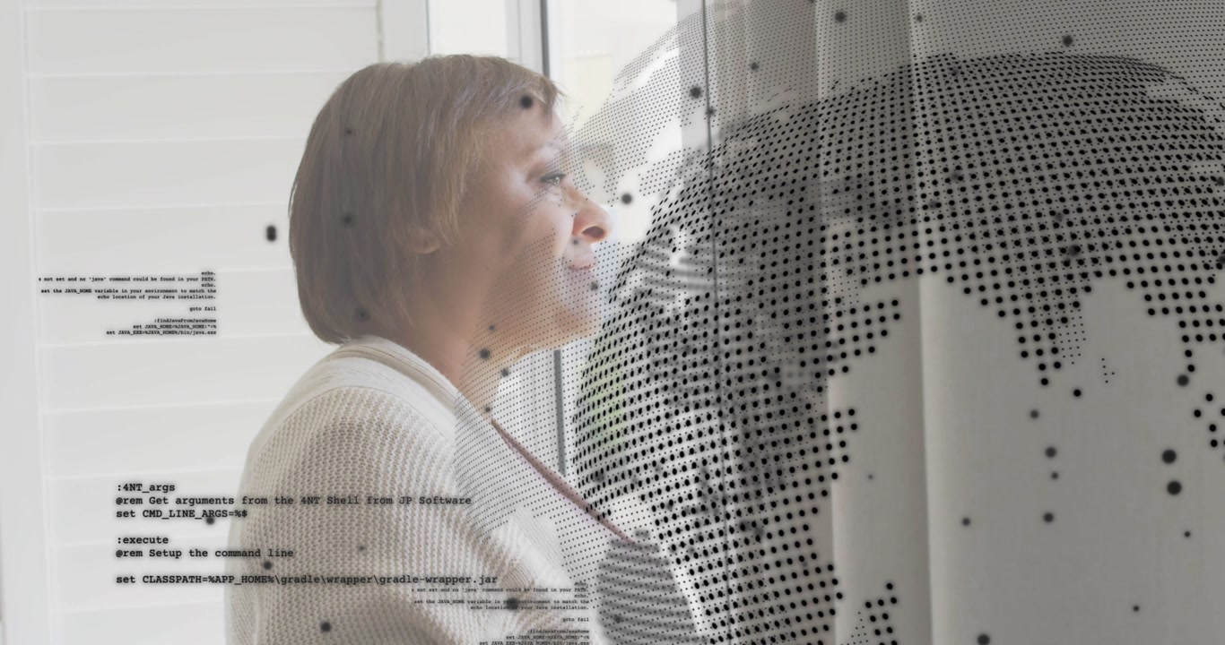 Technology woman gazing via blinds revealing rotating globe with scrolling code for data insight