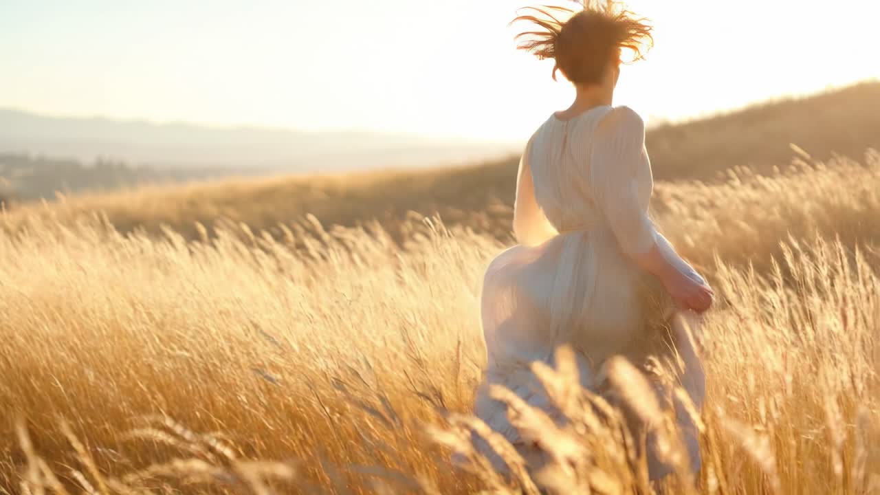 A serene video scene of a woman in a white dress running through a sunlit field