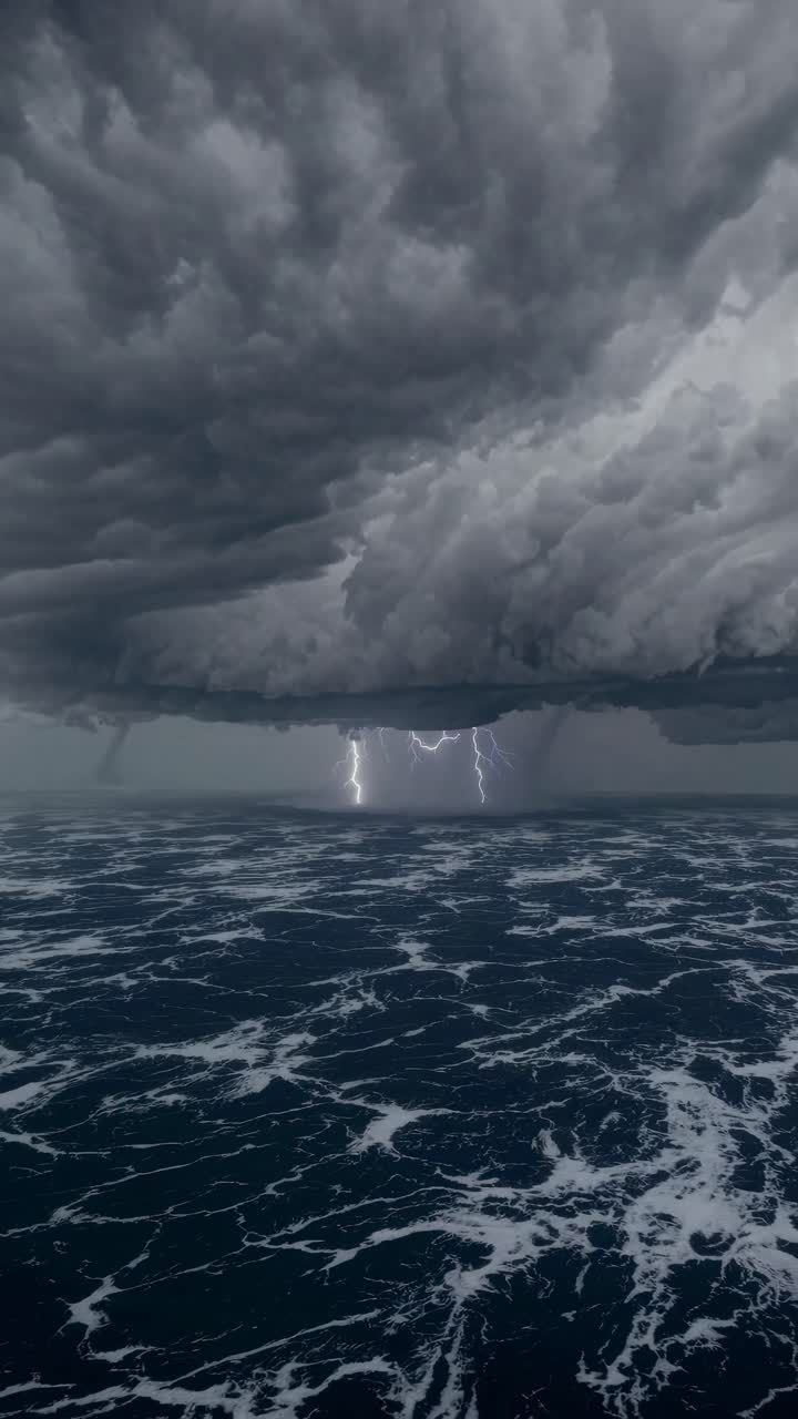 Vista aerea drammatica di un mare in tempesta con fulmini sotto nuvole scure, che cattura un video cinematografico.