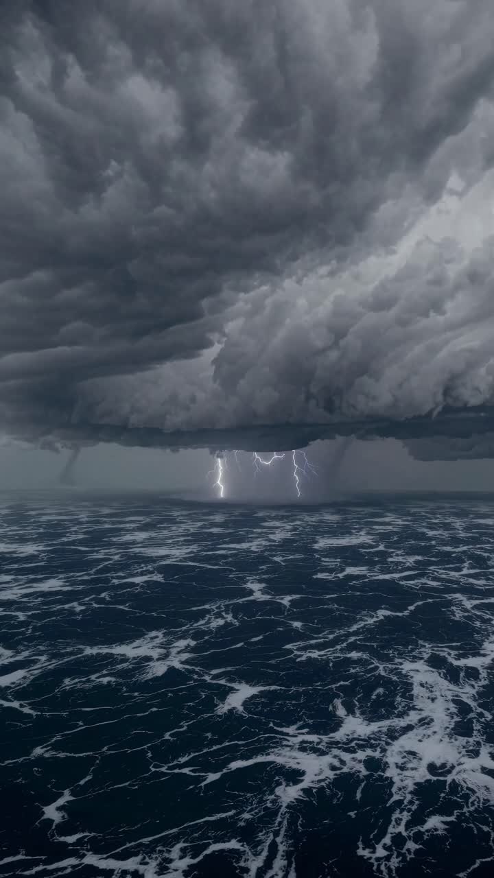 Vista aerea drammatica di un mare in tempesta con fulmini sotto nuvole scure, che cattura un video cinematografico.