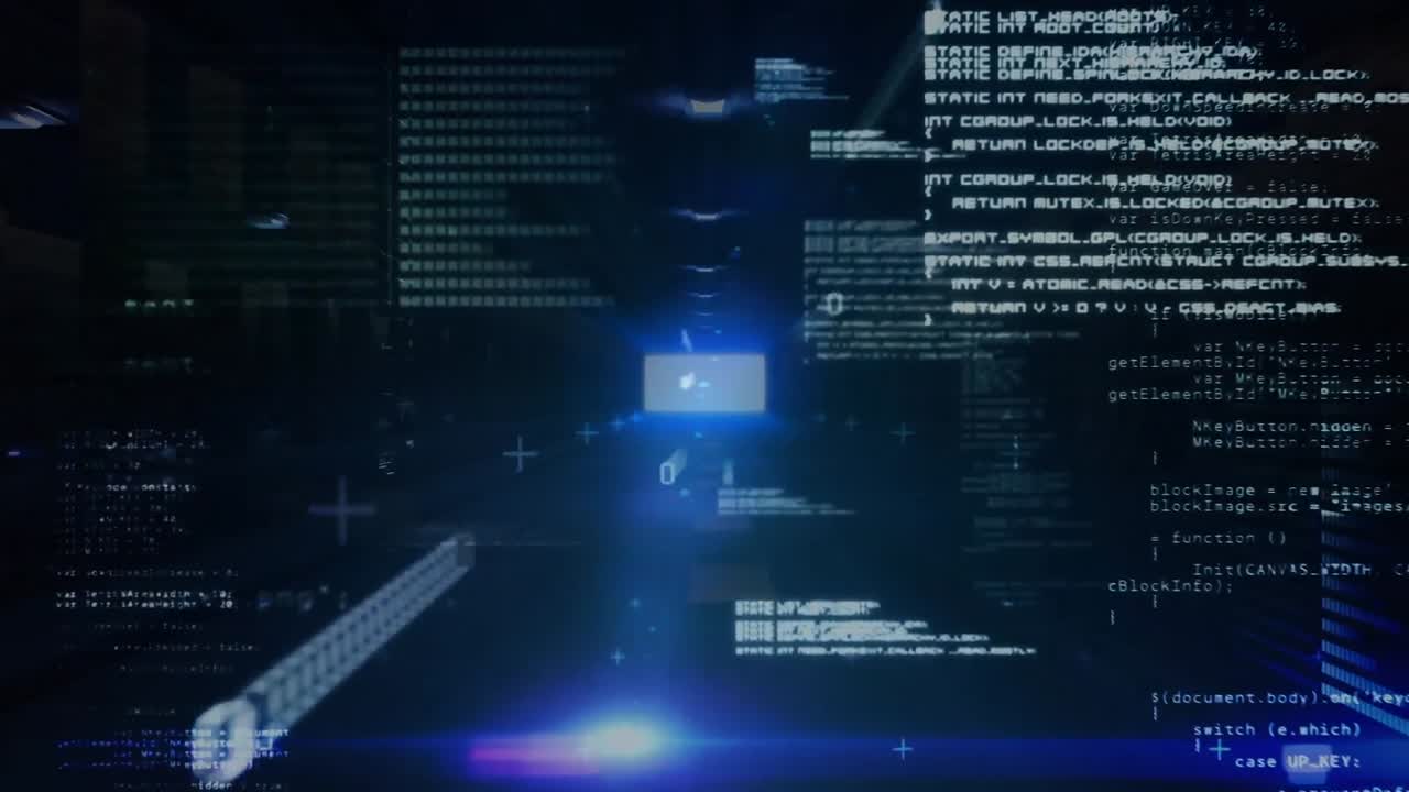 이진 디지털 인터페이스가 어두운 배경에서 카메라를 향해 움직입니다.