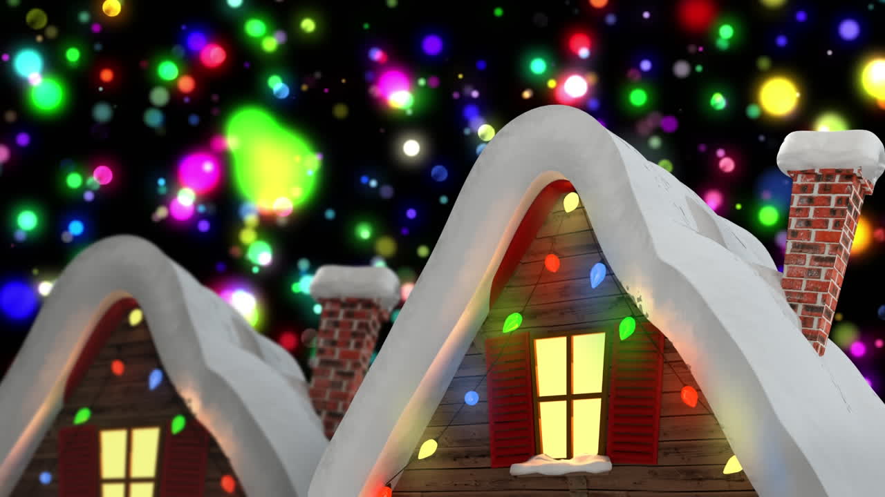 별이 떨어지는 다채로운 불빛이 요정의 불빛으로 집 위에 떨어지는 애니메이션